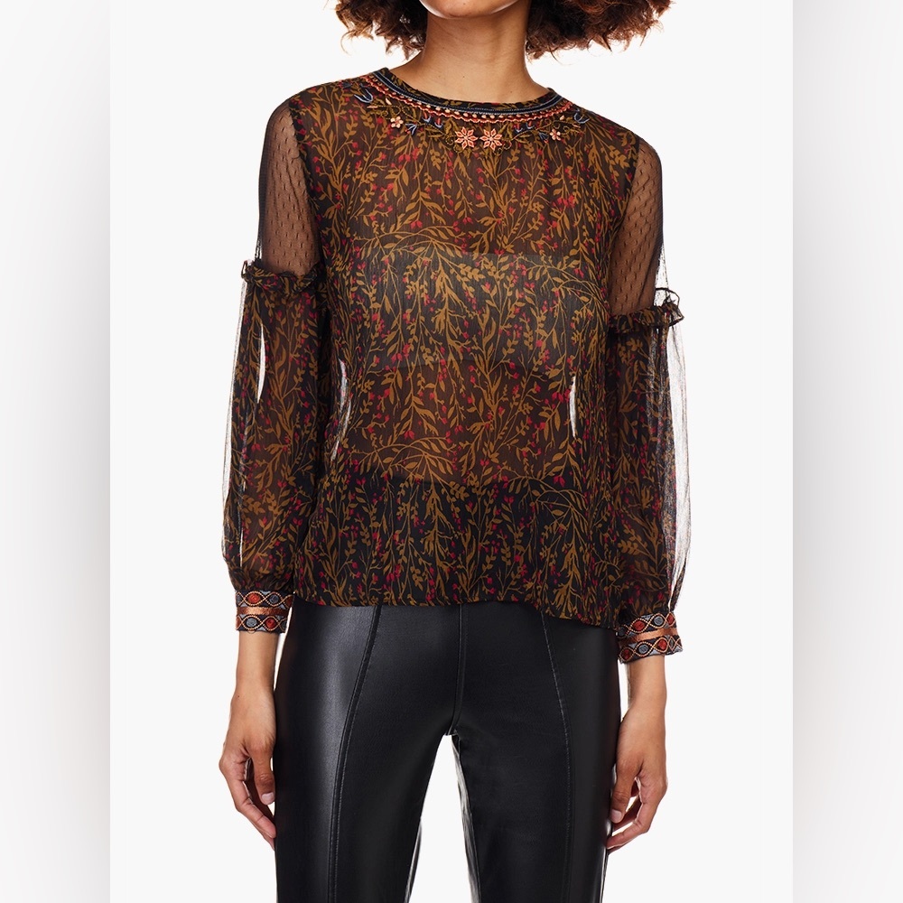 NWT Zara Black Gold Red Floral Sheer Sleeve Blouse Cute Boho Top XS 0 2 (A5)‎